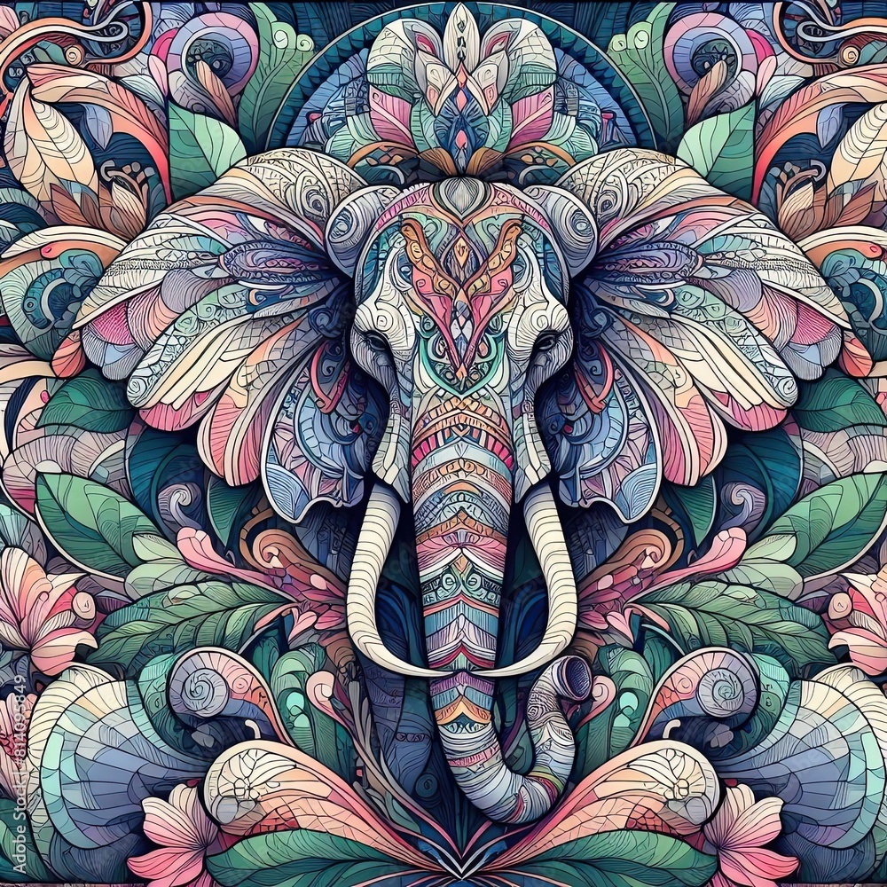 Elephant. Antistress coloring book. Modrn style. Vitrage. Elephant. Antistress coloring book. Modrn style. Vitrage.