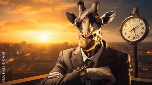 Visualize a sophisticated kangaroo in a tailored pinstripe suit, accessorized with a photo