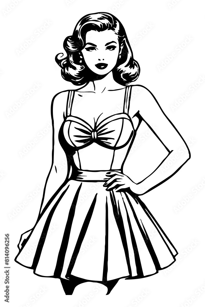 Black and white illustration. Fictional female character in the Pin Up style. Generated by Ai Black and white illustration. Fictional female character in the Pin Up style. Generated by Ai