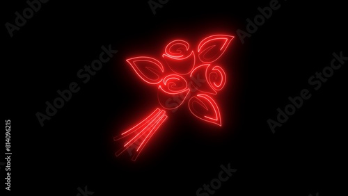 Neon flowers icon blue red color animation black background. Plasma Line Graphic Rose.