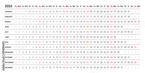 Linear calendar for 2025. Horizontal, week starts on Sunday, English, black and white.