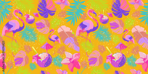 Seamless pattern with tropical elements. Summer vacation in the tropics, background. Flamingo, coconut cocktail, flowers.