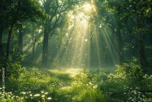 A verdant forest carpeted with emerald foliage  sunlight filtering through the canopy and dappling the forest floor with specks of gold. Concept of rejuvenation and tranquility. Generative Ai.