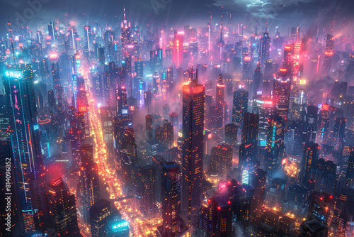 A futuristic cityscape illuminated by neon lights and towering skyscrapers  bustling with activity and innovation. Concept of urban modernity and progress. Generative Ai.
