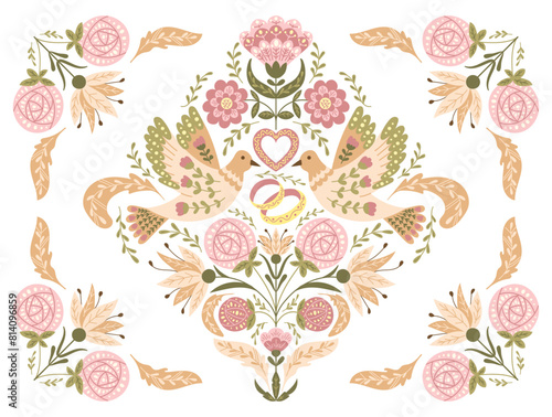 Wedding floral horizontal invitation or banner in retro folk style with animalistic symmetry composition with birds, rings and heart in muted colors. Botanical vector template for engagement card