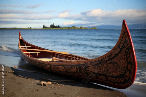 Picturesque Traditional Hawaiian canoe on the beach. Ocean boat on tropical island sand. Generate ai photo