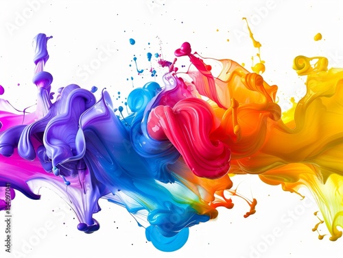 Colorful and vibrant paint mixing together in the air with white background