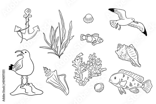 Summer seaside doodle set with seagulls and underwater life. Collection of sketchy contour drawings isolated on white background. Monochrome black outline stickers