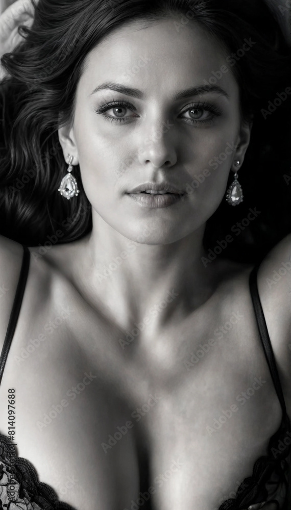 Naklejka premium top view of woman with deep cleavage and heavy breast black and white 