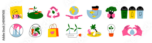 Cartoon eco recycle stickers in retro groovy style. Ecology, organic products, natural product, vegan, bio, environmental protection. Vector set elements.