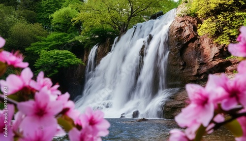 A cascading waterfall framed by vibrant spring blooms and fresh green foliage. AI generated