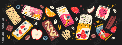 Set of muesli bars, healthy fitness snacks. Granola with dried fruits, nuts, candied fruits, coconut. Energy muesli snack stickers