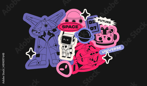 Retro stickers space and galaxy. Cartoon robots, flying saucers, spaceships, planets. Trendy rector patches, badges, labels, stickers, logos in retro 90s doodle style