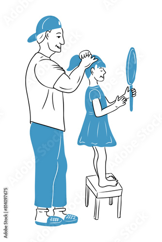 Doodle drawing of father combing hair of his daughter. Vector health care and growing up concept for logo. Contour flat sketchy illustration in blue and black colors isolated on white background.