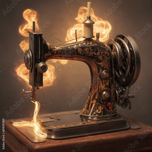 An antique sewing machine on fire. Illustration for a sewing studio in the style of the nineteenth century. photo