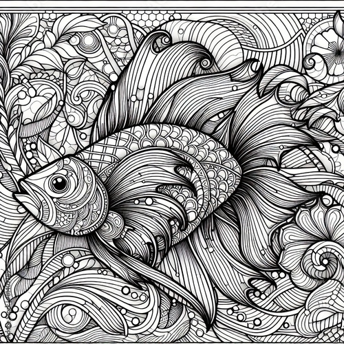 Fish. Antistress coloring. Modrn style. Vitrage.