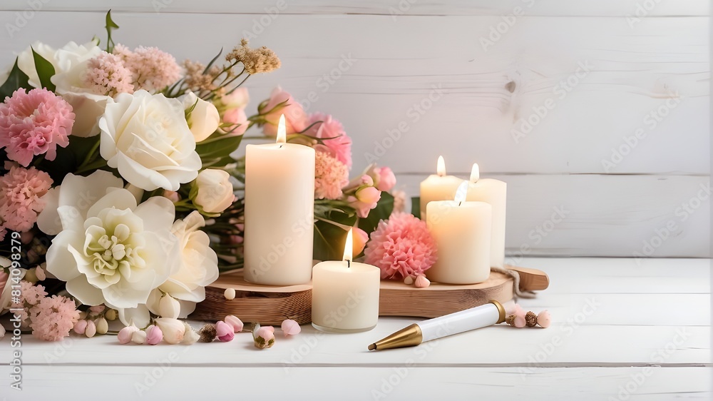 Lovely table arrangement with candles and flowers on a white hardwood background with writing space Lovely table arrangement with candles and flowers on a white hardwood background with writing space