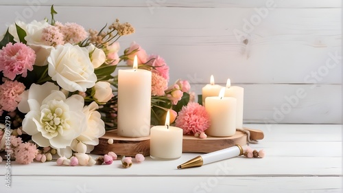 Lovely table arrangement with candles and flowers on a white hardwood background with writing space