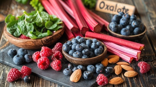 Wide-Angle Shot of a Rustic Wooden Table Displaying Raw Spinach, Beet Greens, Beetroot Slices, Rhubarb Stalks, Almonds, and Various Berries - Oxalate Awareness © Татьяна Креминская