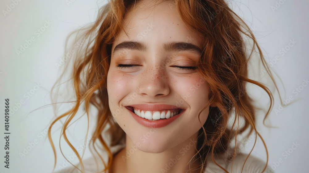 A woman smiling with her eyes closed. A woman smiling with her eyes closed.