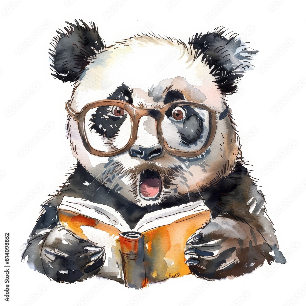Obraz premium Adorable panda with glasses reading a book, expressing surprise and delight
