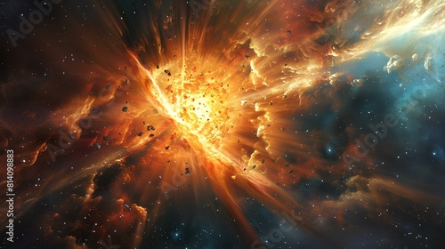 The image shows a massive explosion in space, with debris and gases expanding outward from the center. photo