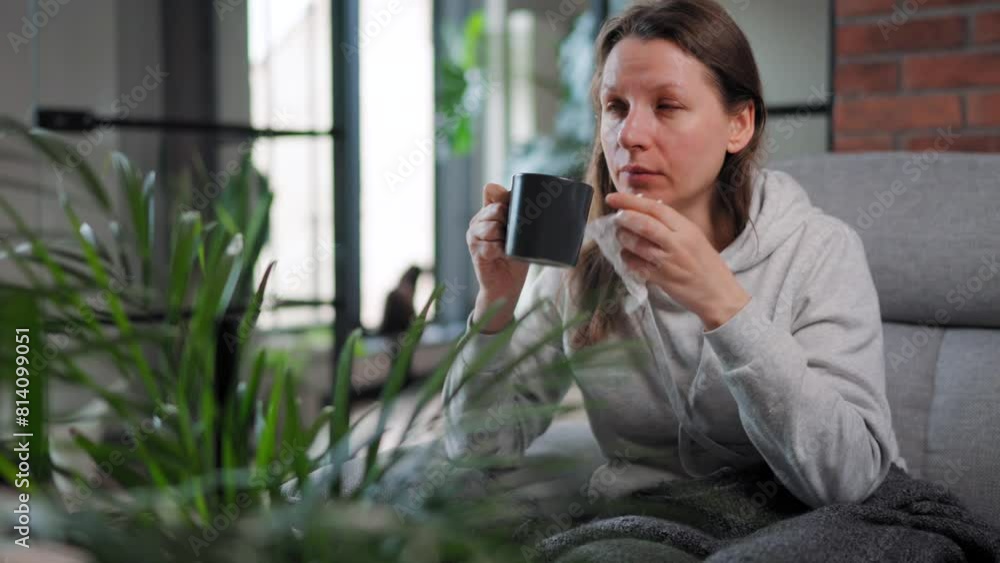 Sick woman got flu or caught cold, having allergy symptoms Sick woman got flu or caught cold, having allergy symptoms