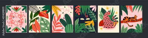 Abstract tropical posters with tigers and leaves in a 90s retro cartoon style. Asian and Chinese motifs, floral pattern with tigers and leorards.