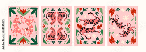 Abstract tropical posters with tigers and leaves in a 90s retro cartoon style. Asian and Chinese motifs, floral pattern with tigers and leorards.