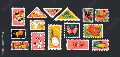 Postage stamps stickers with patterns and drawings. Cartoon pictures in retro style. Geometric postal forms and stamps. Vector trendy shapes, patches, logos, badges in the funky hippie 90s