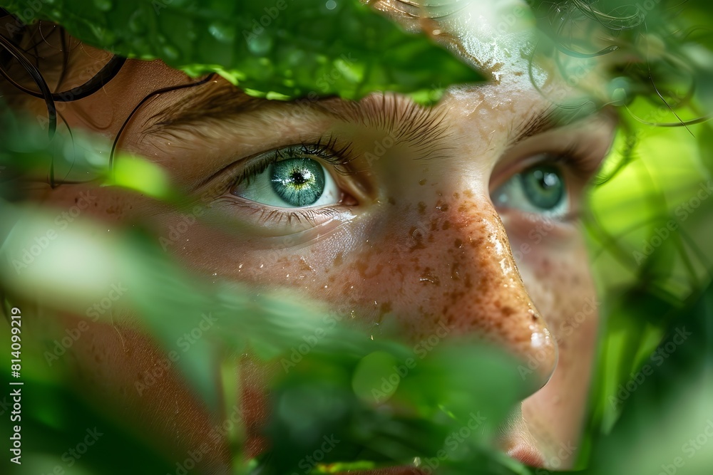 Emerging from a Lush Summer Forest a Determined Explorer s Face Glistens with Sweat Emerging from a Lush Summer Forest a Determined Explorer s Face Glistens with Sweat