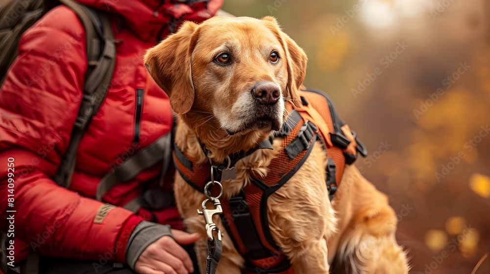 Golden Retriever Service Dog Assisting Owner During Outdoor Activity Golden Retriever Service Dog Assisting Owner During Outdoor Activity