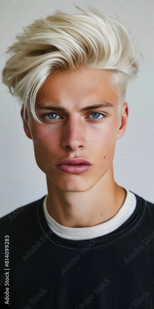 A young man with blonde hair and blue eyes. A young man with blonde hair and blue eyes.