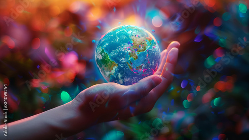 World Environment Day  Mini Earth Planet Above Hand. Vibrant Illustration. Generative AI