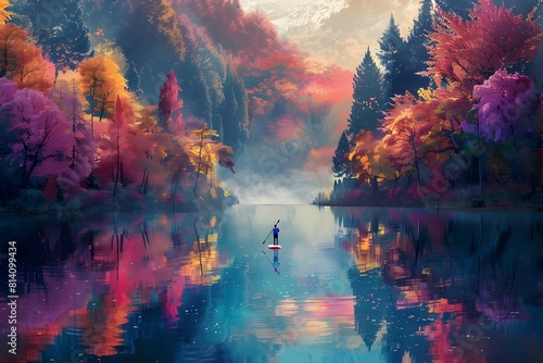 Serene Autumn Paddle on a Mirrored Lake Surrounded by Vibrant Foliage photo