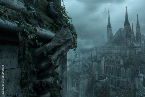 picture of a gargoyle hand gripping a wall, overgrown by vines, with a castle in the background, sky filled with heavy grey clouds, for monitors 3:2 photo