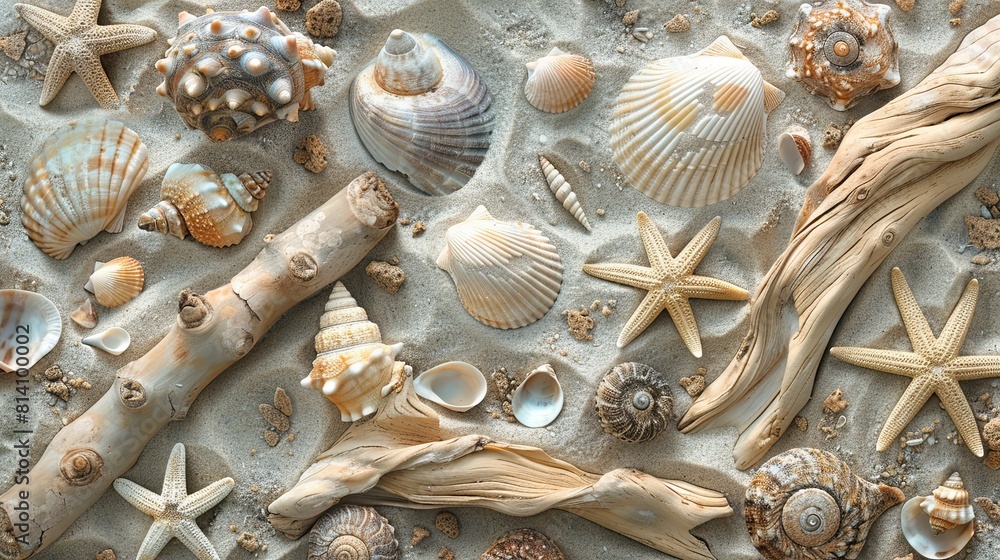 A pattern featuring sandy textures interspersed with seashells, starfish, and driftwood pieces A pattern featuring sandy textures interspersed with seashells, starfish, and driftwood pieces