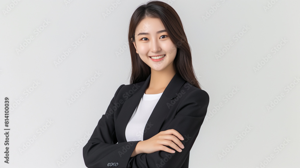 A very pretty 25-year-old Taiwanese girl with a smile on her face, wearing a white plain T-shirt and a dark suit jacket, arms crossed and still clasped in front of her chest A very pretty 25-year-old Taiwanese girl with a smile on her face, wearing a white plain T-shirt and a dark suit jacket, arms crossed and still clasped in front of her chest