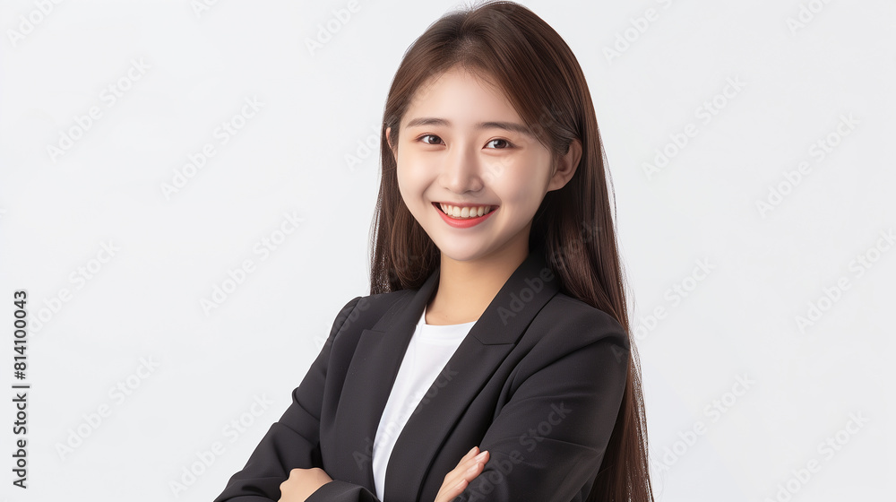A very pretty 25-year-old Taiwanese girl with a smile on her face, wearing a white plain T-shirt and a dark suit jacket, arms crossed and still clasped in front of her chest A very pretty 25-year-old Taiwanese girl with a smile on her face, wearing a white plain T-shirt and a dark suit jacket, arms crossed and still clasped in front of her chest