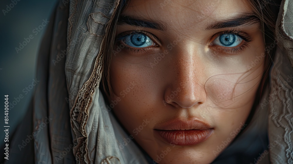 Face of a beautiful young girl wrapped in a silk headscarf Face of a beautiful young girl wrapped in a silk headscarf