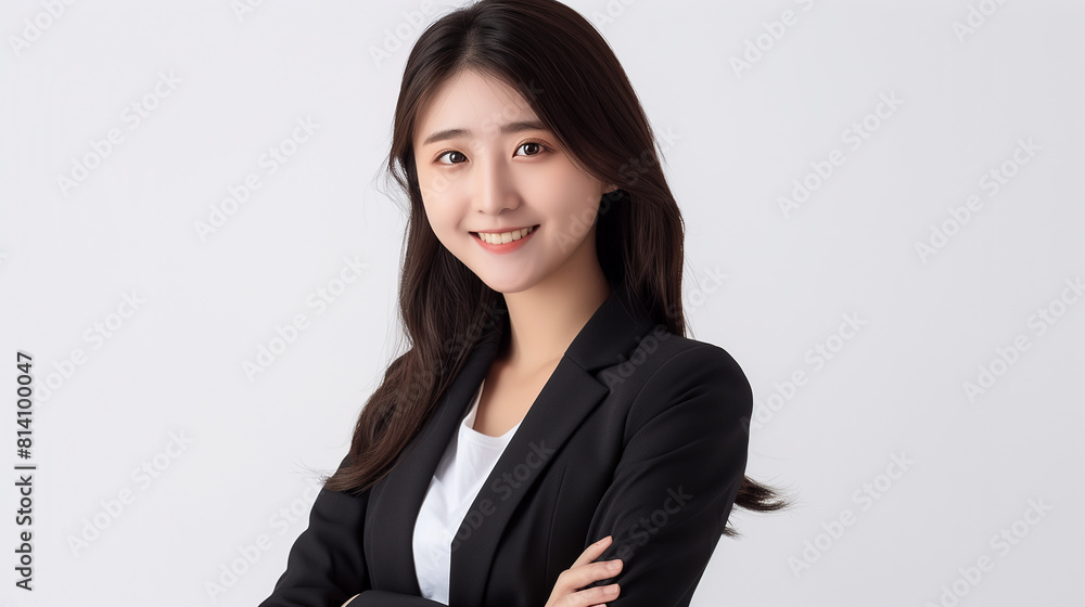 A very pretty 25-year-old Taiwanese girl with a smile on her face, wearing a white plain T-shirt and a dark suit jacket, arms crossed and still clasped in front of her chest A very pretty 25-year-old Taiwanese girl with a smile on her face, wearing a white plain T-shirt and a dark suit jacket, arms crossed and still clasped in front of her chest