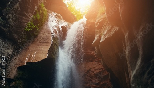 A remote waterfall hidden deep within a canyon, with sunlight peeking through the cliffs. AI generated photo