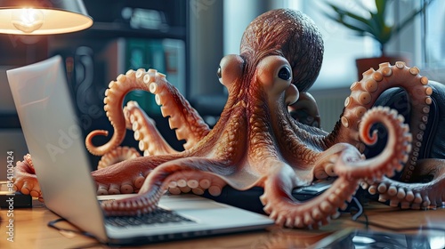 Octopus in the office using a computer in a desk © MiguelAngel