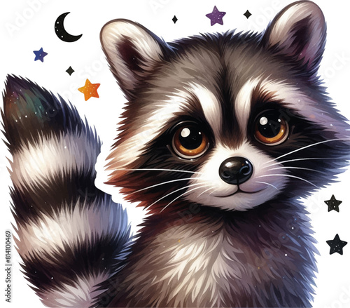 illustration of cute cartoon raccoon with stars