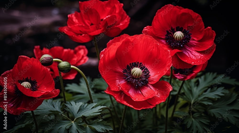 Vibrant Red Poppies With Lush Green Leaves on a Dramatic Dark Background Vibrant Red Poppies With Lush Green Leaves on a Dramatic Dark Background