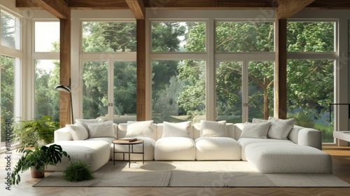 White corner sofa in room with big panoramic windows and ceiling with beams. Farmhouse country boho interior design of modern living room  home. realistic