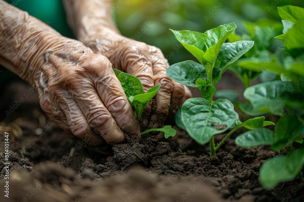 Close-up of a senior's hands planting in a community garden, symbolizing growth and wellness in senior living Close-up of a senior's hands planting in a community garden, symbolizing growth and wellness in senior living