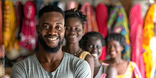 African shop owner and diverse customers smiling proudly for the camera. Concept Culture Celebration, Community Diversity, Proud Moments, Local Business Success, Smiling Faces photo