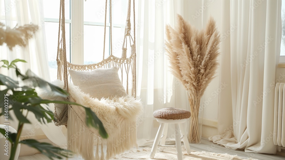 Cozy Corner With Macrame Swing Chair and Indoor Plants in a Modern Living Room Cozy Corner With Macrame Swing Chair and Indoor Plants in a Modern Living Room