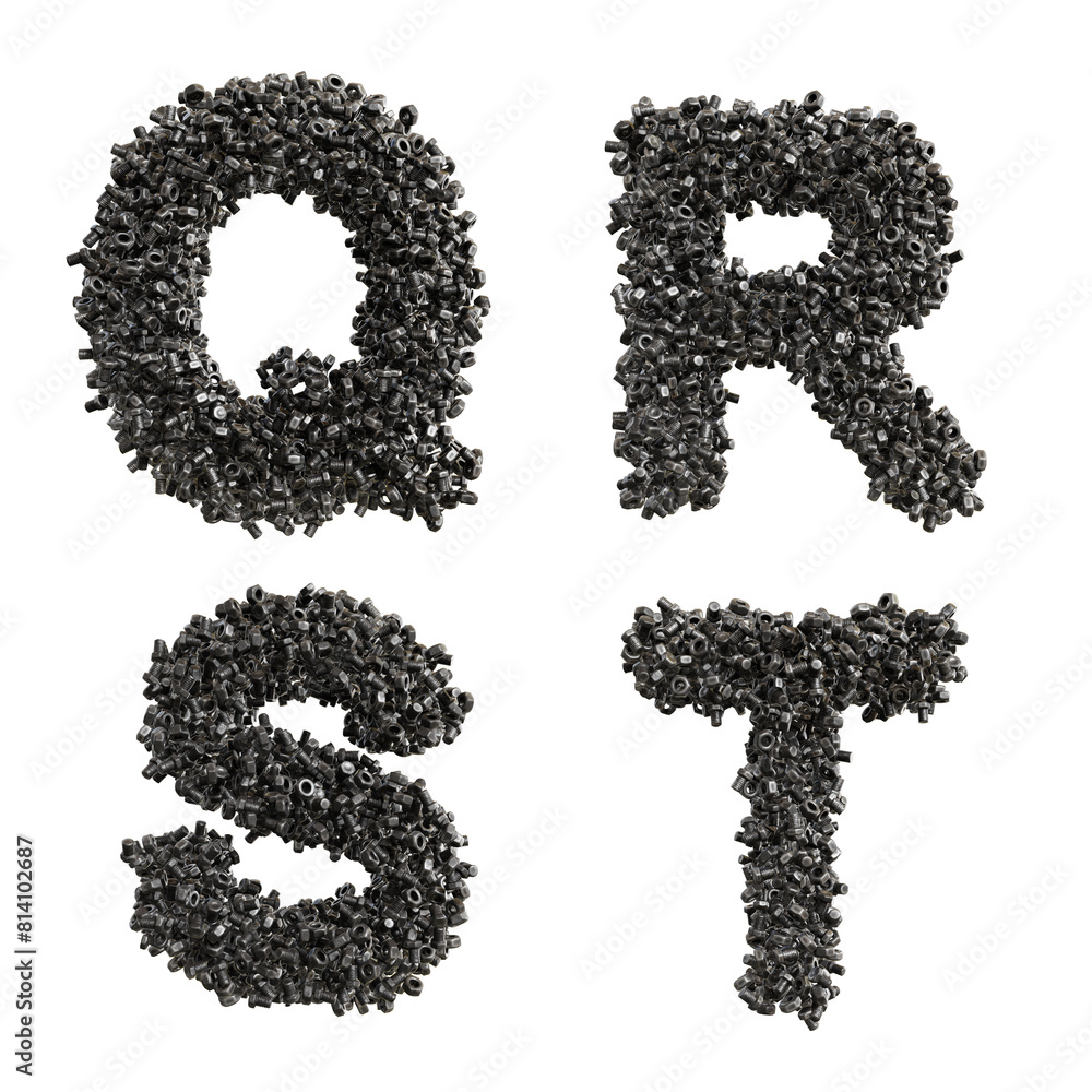 3d render of Nuts and bolts capital letter alphabet - letters Q-T